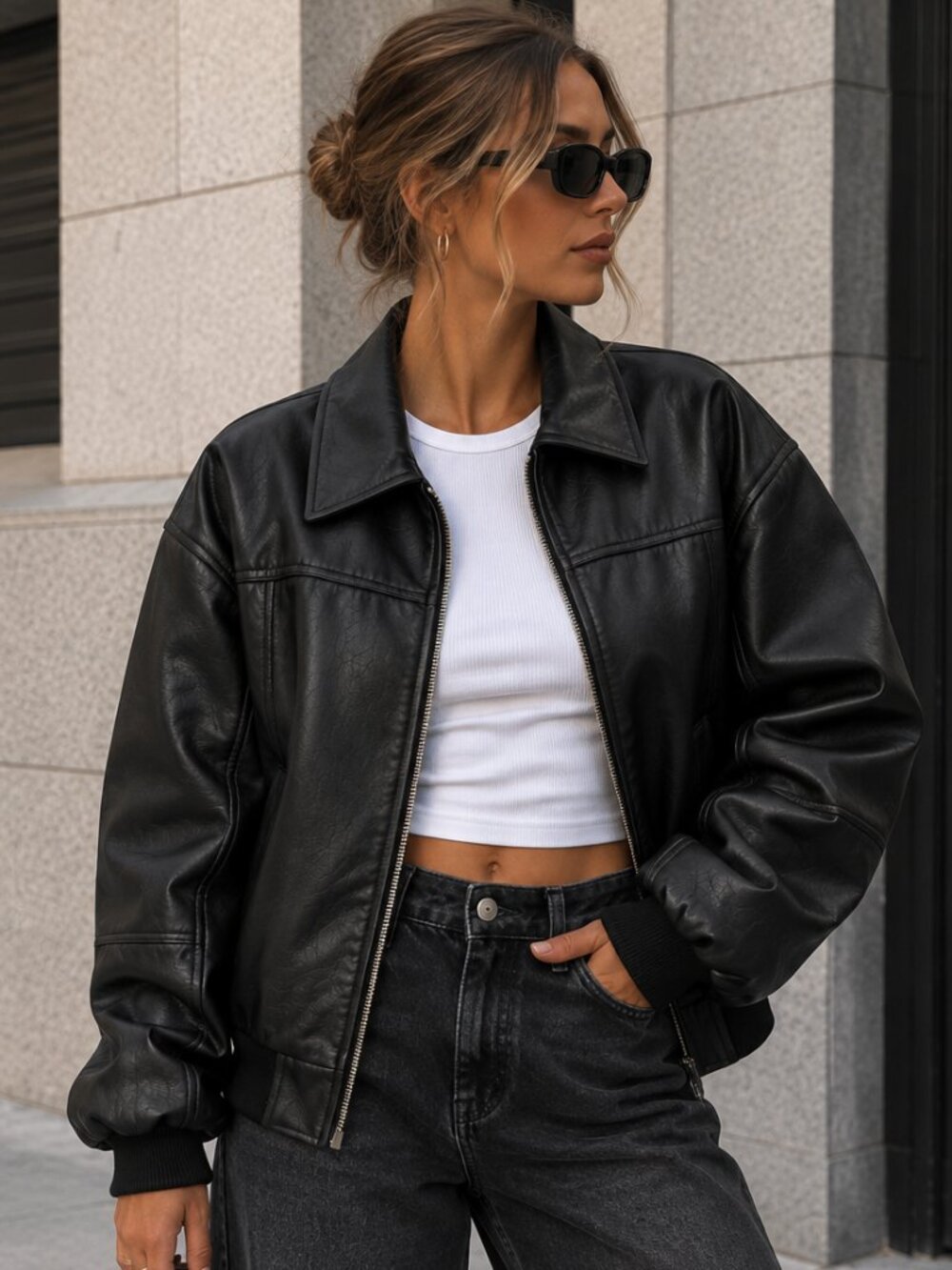 Princess Polly Goldsmith Bomber Jacket Black Faux Leather Sz 4